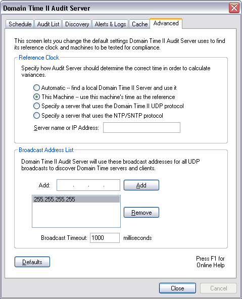 Domain Time II Audit Server - Advanced Tab
