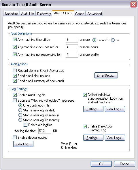 Domain Time II Audit Server - Alerts & Logs Tab