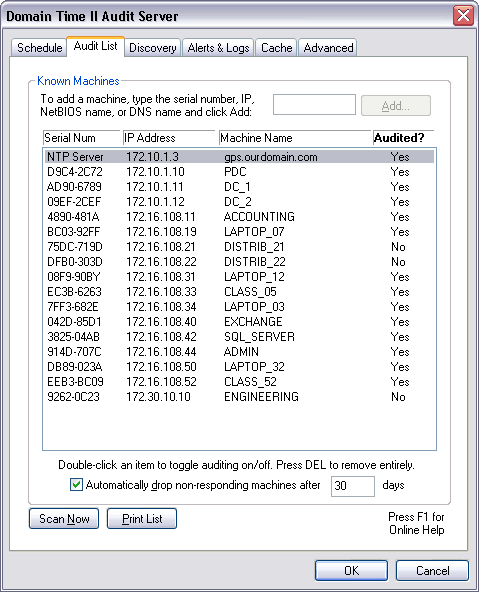 Domain Time II Audit Server - Audit List Tab