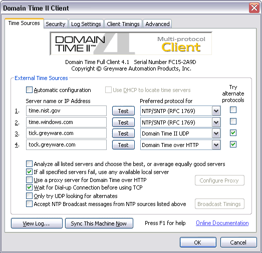 Domain Time II Full Client Control Panel - Time Sources Tab