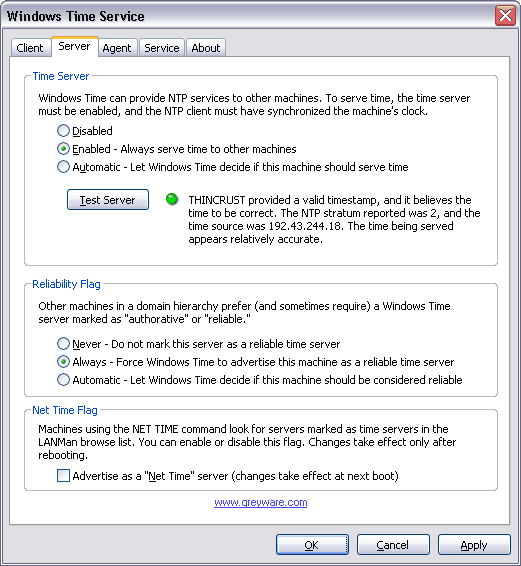 Domain Time II Windows Time Agent: Server tab