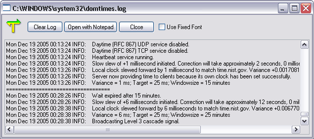 Domain Time II Server Control Panel - Log Viewer Screen