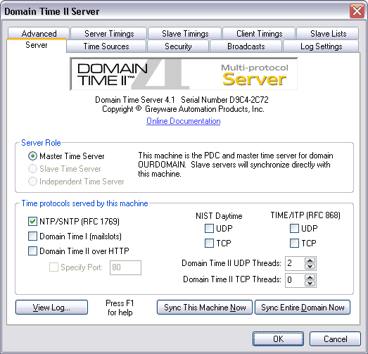 Domain Time II Server Control Panel - Server Tab