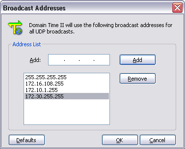 Broadcast Addresses screen