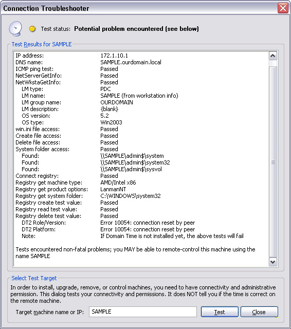 Results of a test with a warning regarding problems with UDP port 9909 traffic