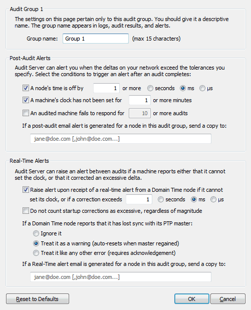 Configure Alerts dialog for an Audit Group