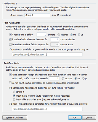 Configure Alerts dialog for an Audit Group