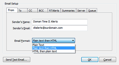 Email Setup From and Format Selection