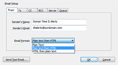 Email Setup From and Format Selection